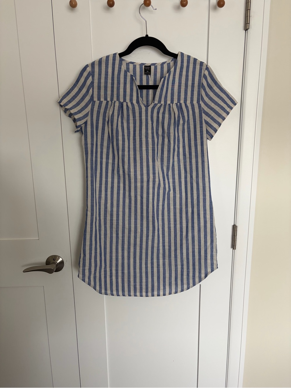 Linen Blue Stripe Short-Sleeve Tunic Dress